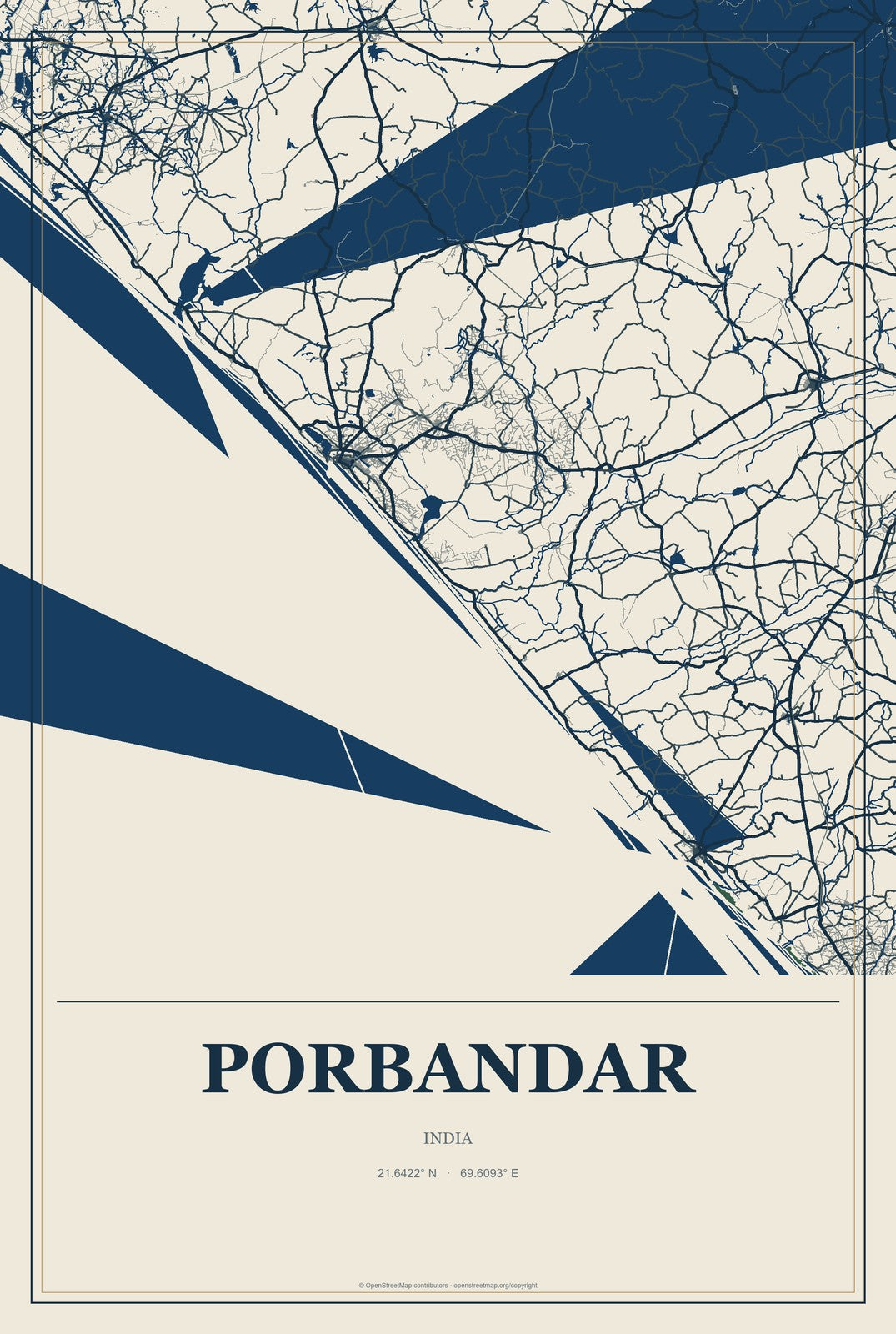 Porbandar, India City Map Aluminum Sign in Coastal Cutout style
