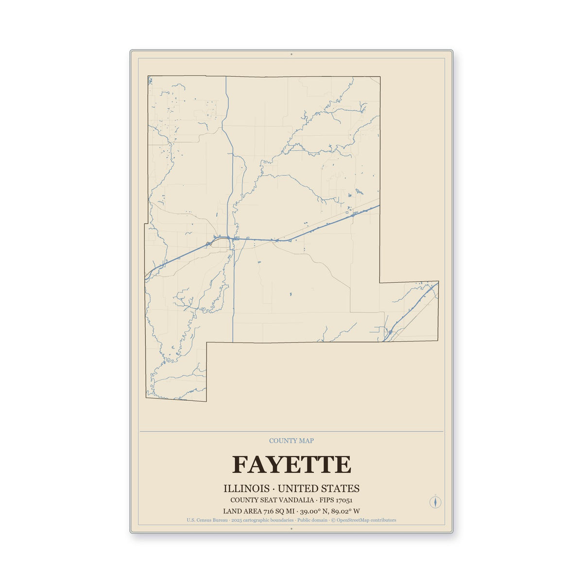 Fayette County, Illinois Map Aluminum Sign in Heritage Nautical style