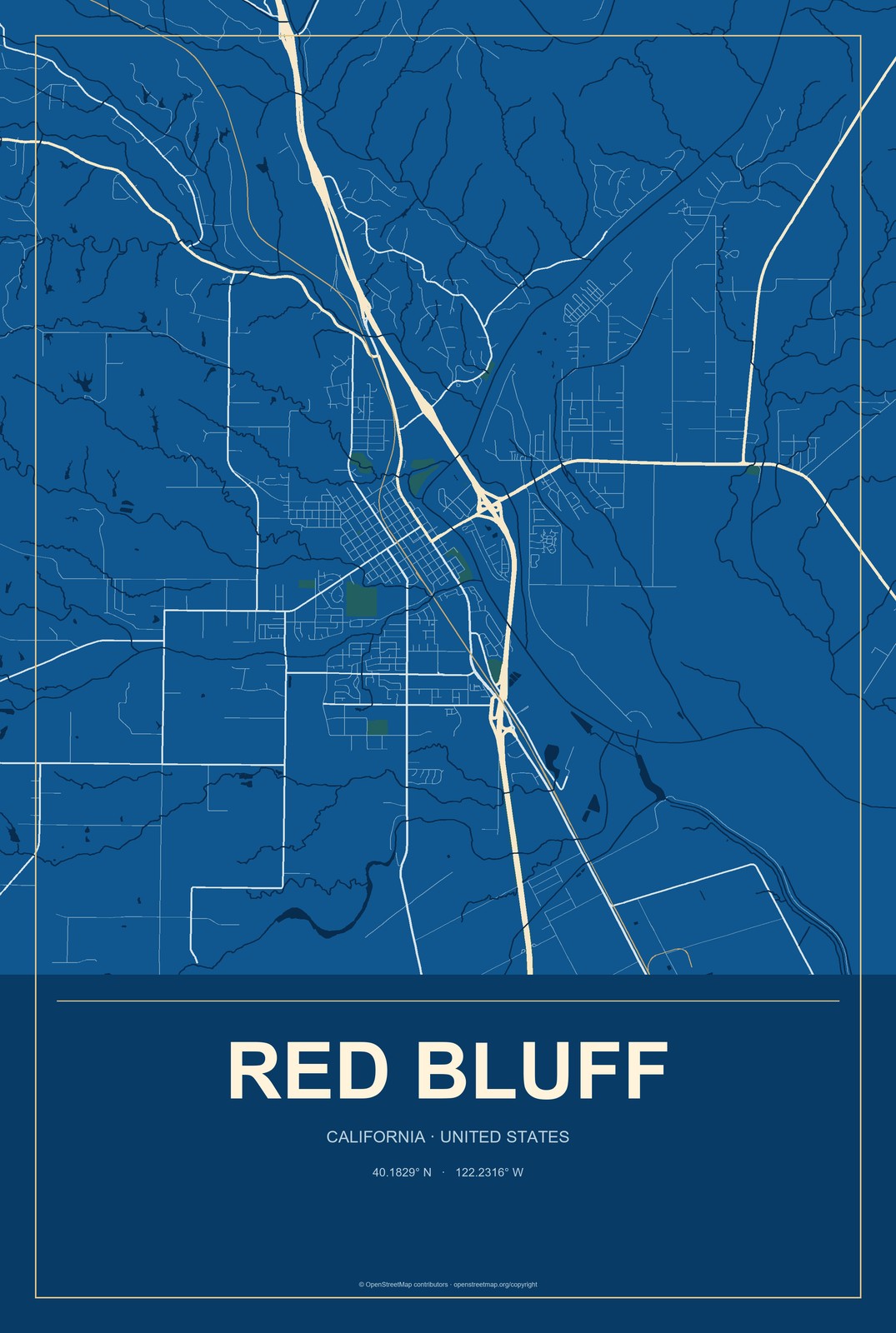 Red Bluff, California City Map Aluminum Sign in Harbor Cobalt style