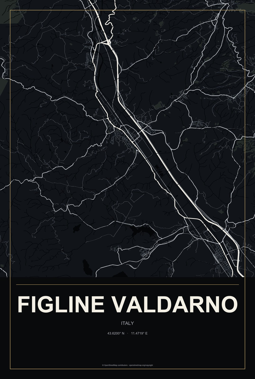 Figline Valdarno, Italy City Map Aluminum Sign in Metropolitan Noir style