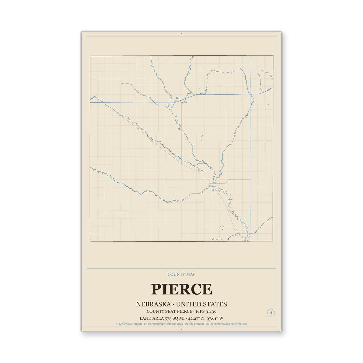 Pierce County, Nebraska Map Aluminum Sign in Heritage Nautical style