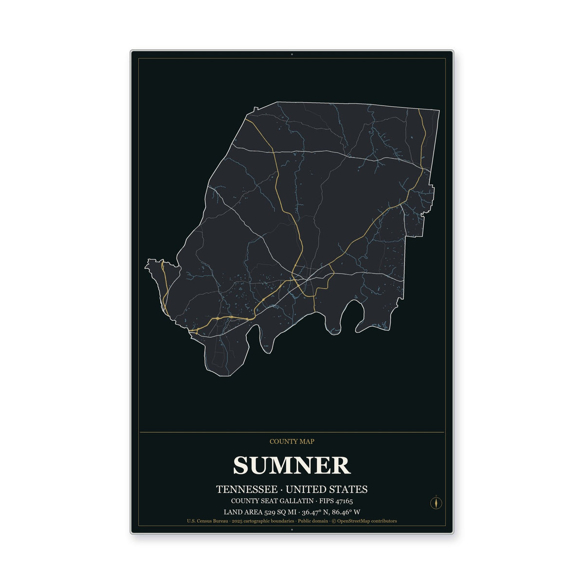 Sumner County, Tennessee Map Aluminum Sign in Metropolitan Noir style