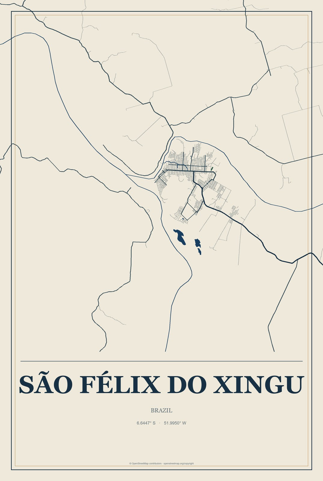 São Félix do Xingu, Brazil City Map Aluminum Sign in Coastal Cutout style