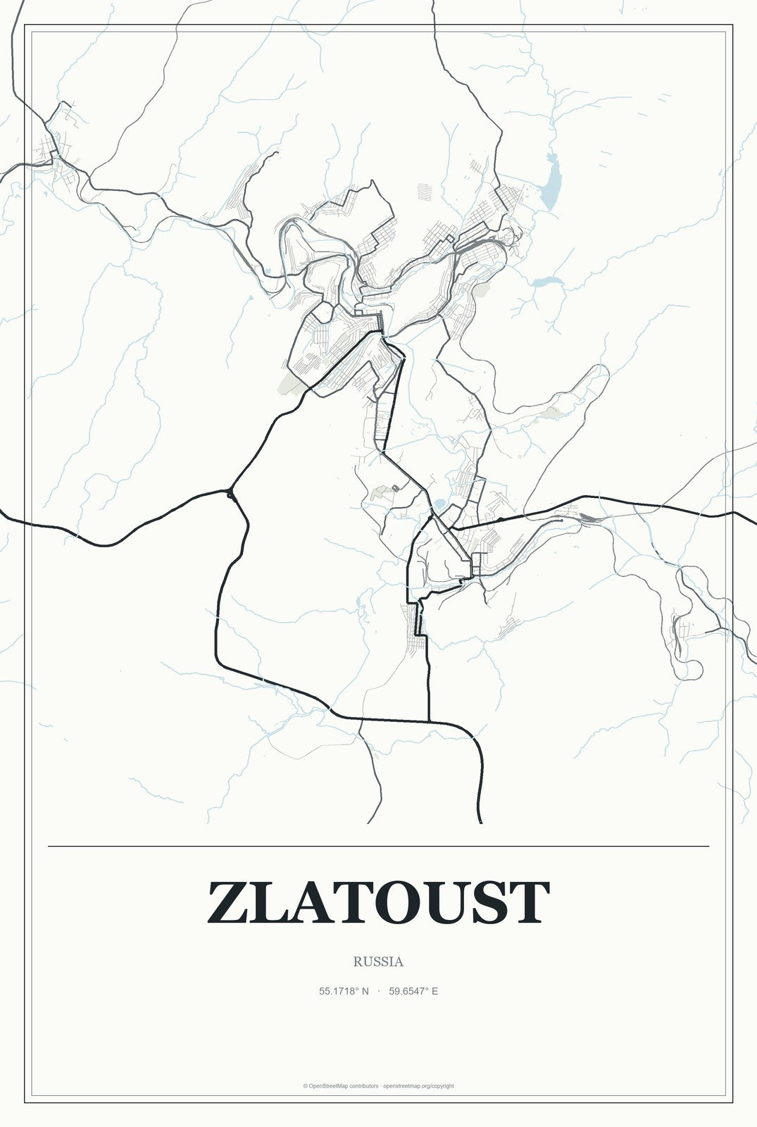Zlatoust, Russia City Map Aluminum Sign in Gallery Air style