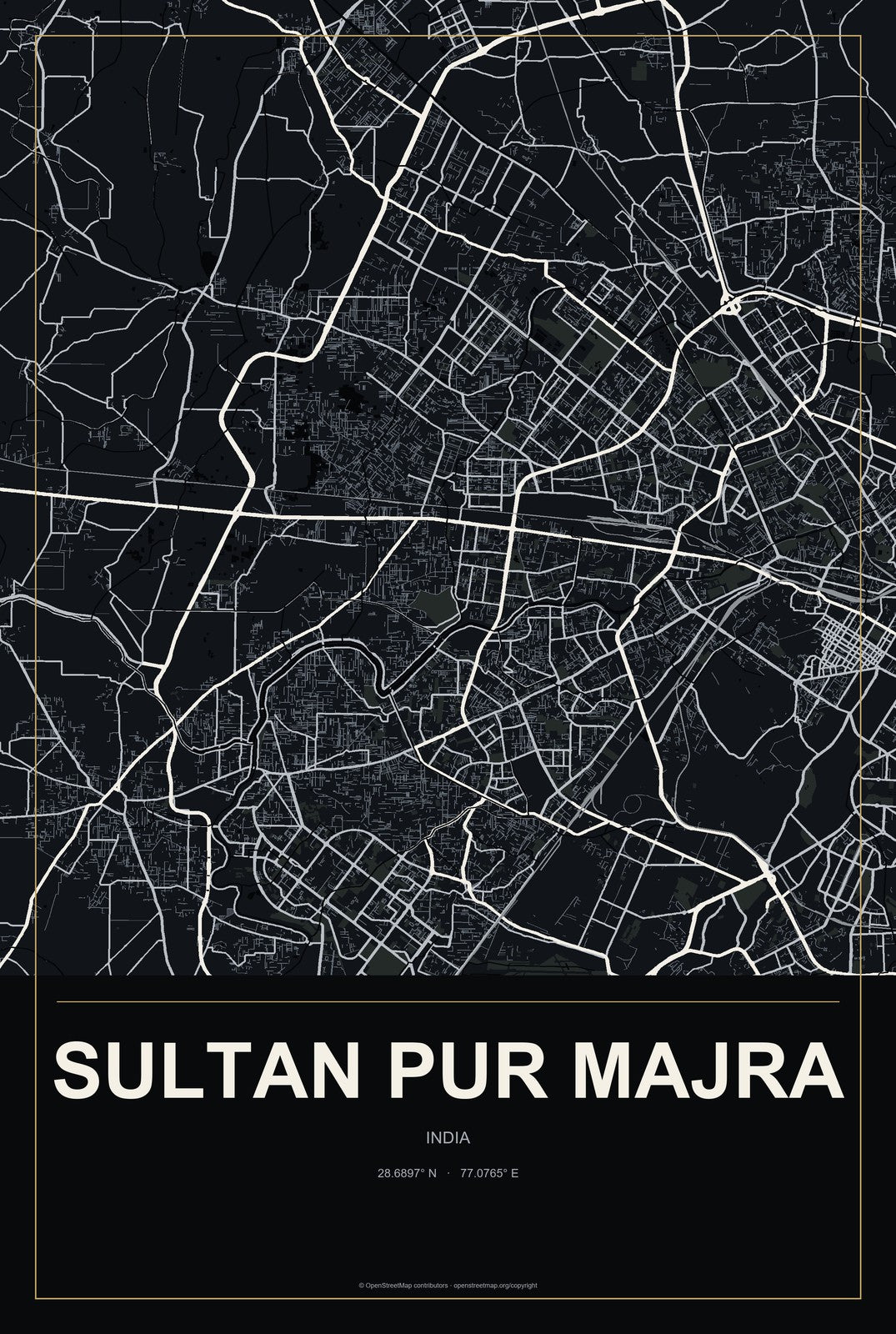 Sultan Pur Majra, India City Map Aluminum Sign in Metropolitan Noir style