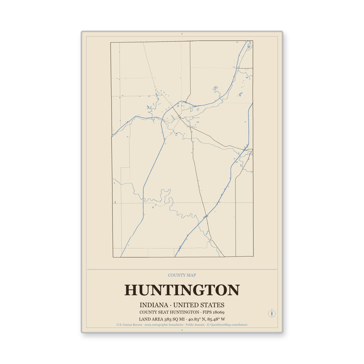 Huntington County, Indiana Map Aluminum Sign in Heritage Nautical style