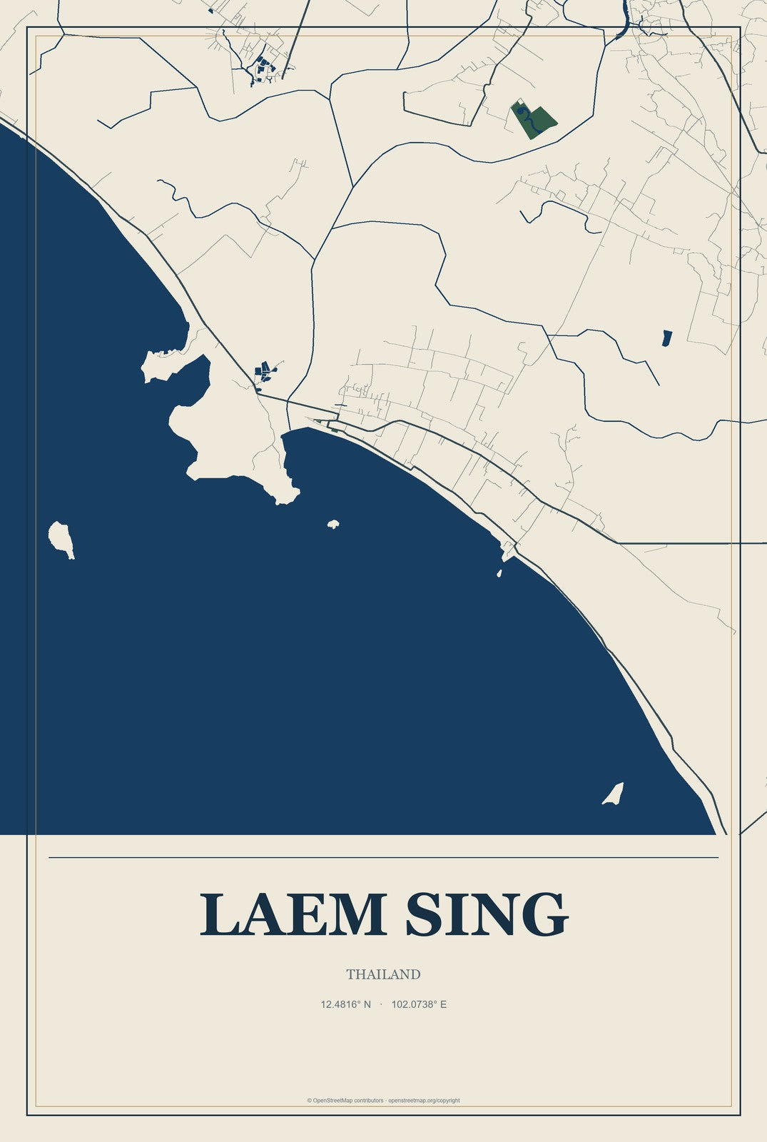 Laem Sing, Thailand City Map Aluminum Sign in Coastal Cutout style