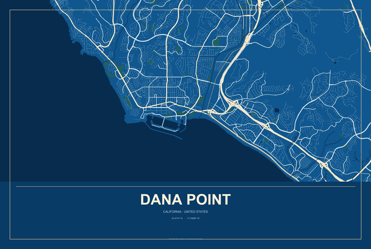Dana Point, California City Map Aluminum Sign in Harbor Cobalt style
