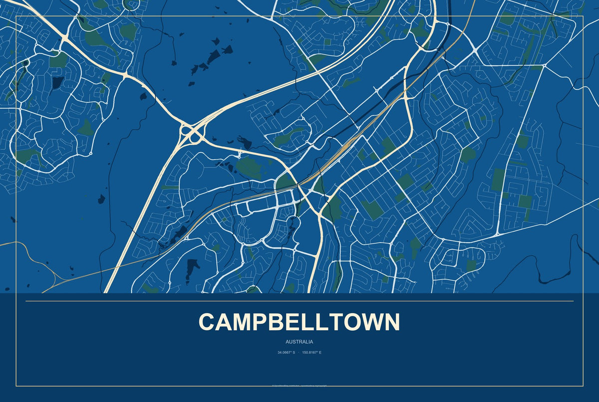 Campbelltown, Australia City Map Aluminum Sign in Harbor Cobalt style