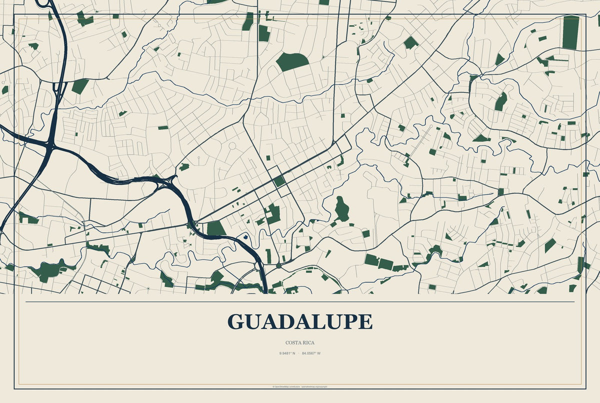 Guadalupe, Costa Rica City Map Aluminum Sign in Coastal Cutout style