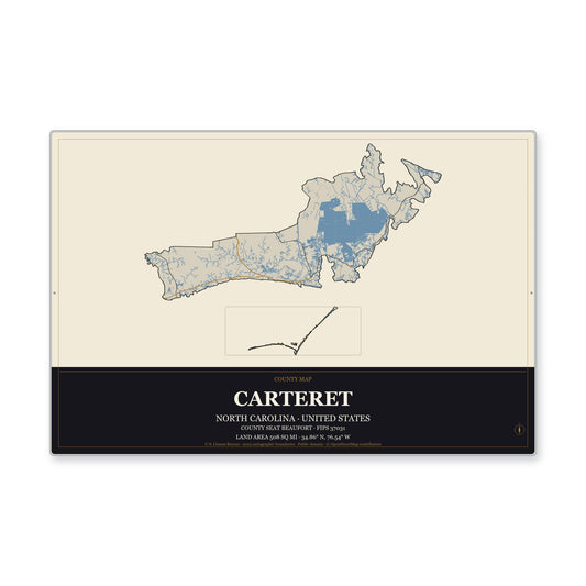 Carteret County, North Carolina Map Aluminum Sign in Museum Plaque style
