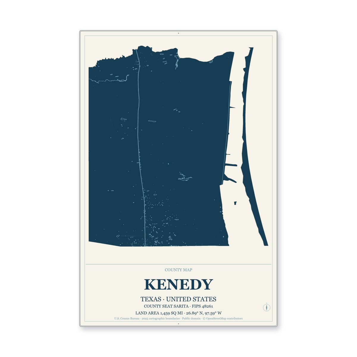 Kenedy County, Texas Map Aluminum Sign in Coastal Cutout style