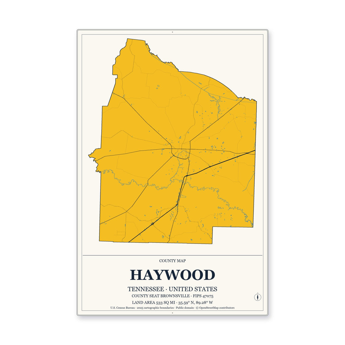 Haywood County, Tennessee Map Aluminum Sign in Citrine Modern style