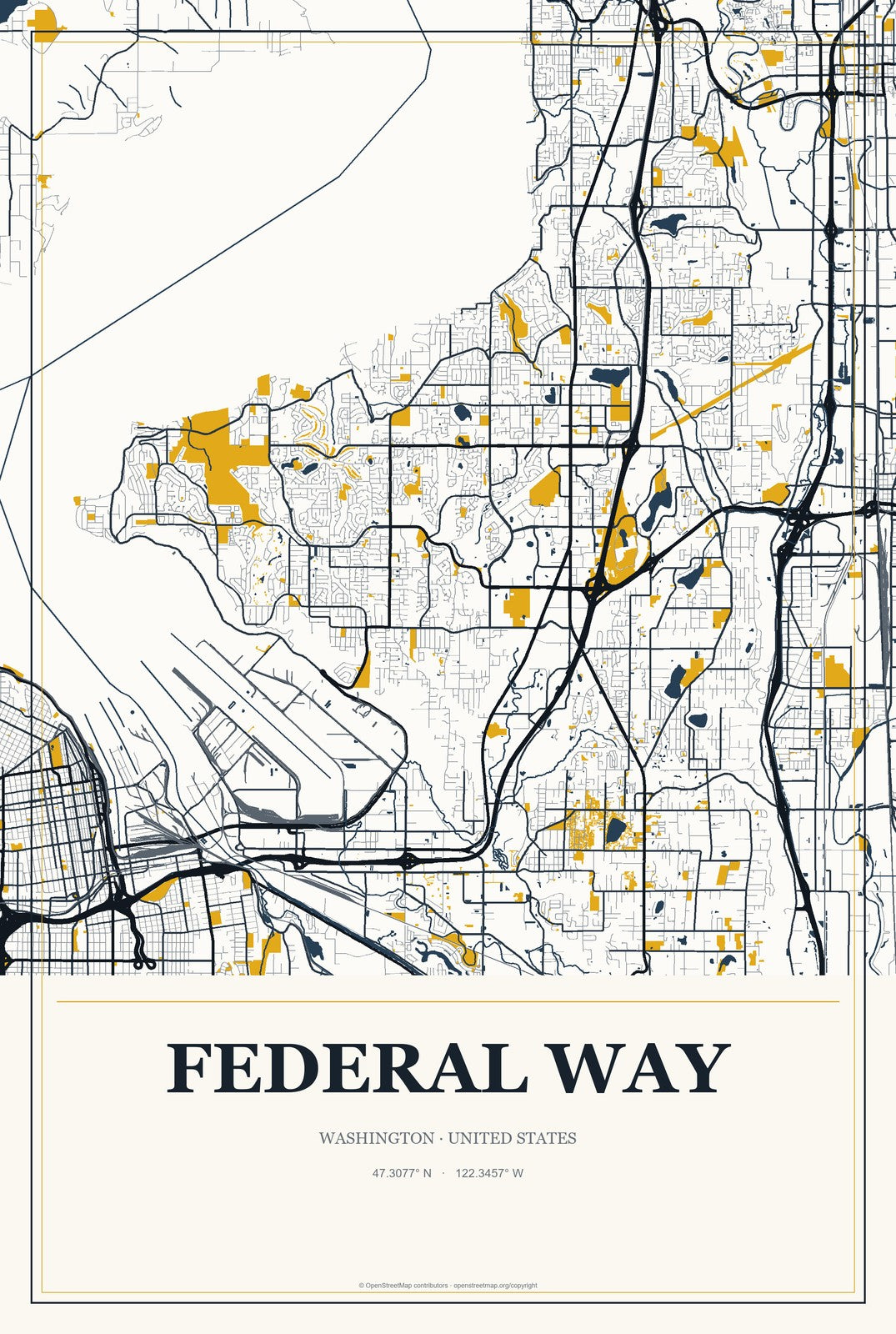 Federal Way, Washington City Map Aluminum Sign in Citrine Modern style