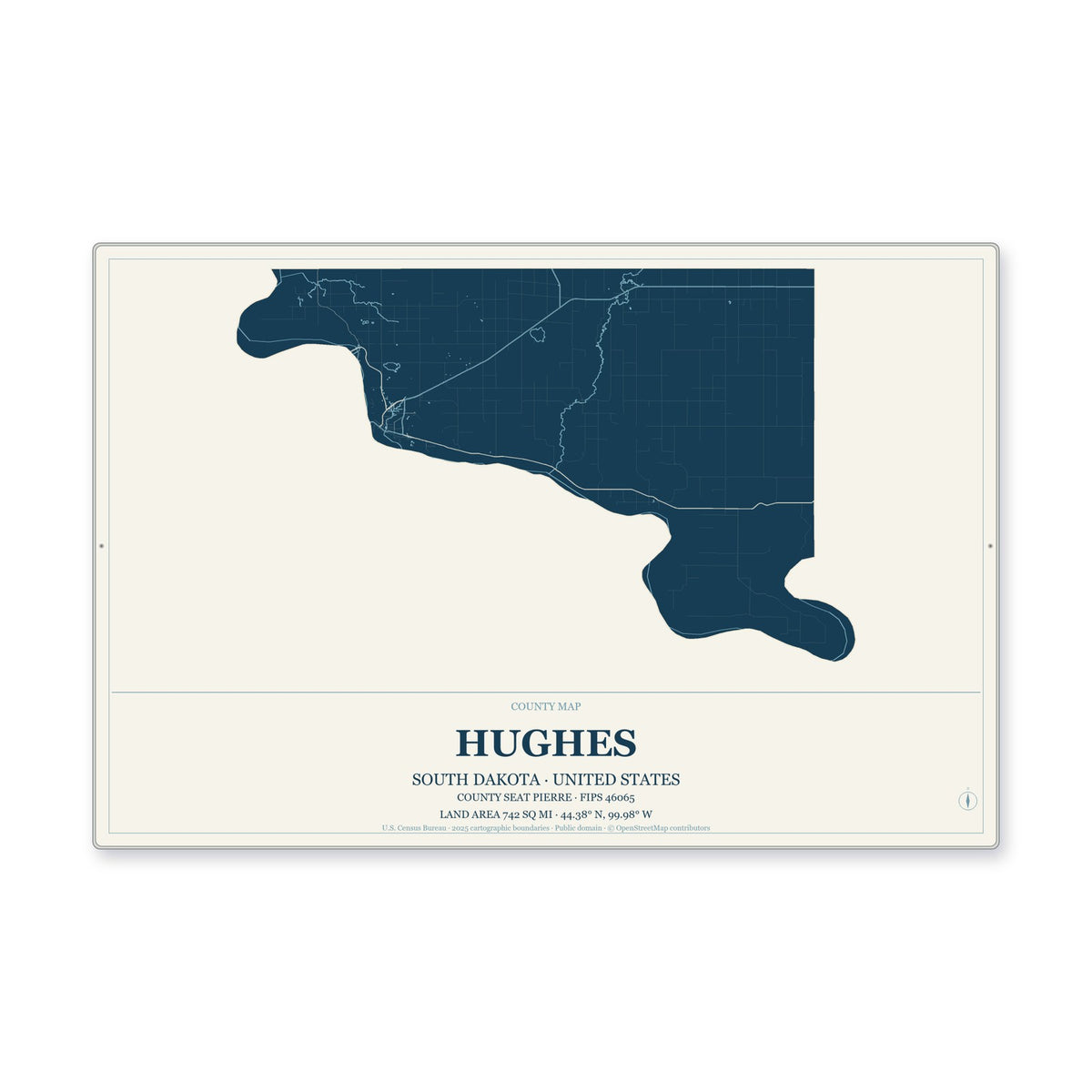 Hughes County, South Dakota Map Aluminum Sign in Coastal Cutout style