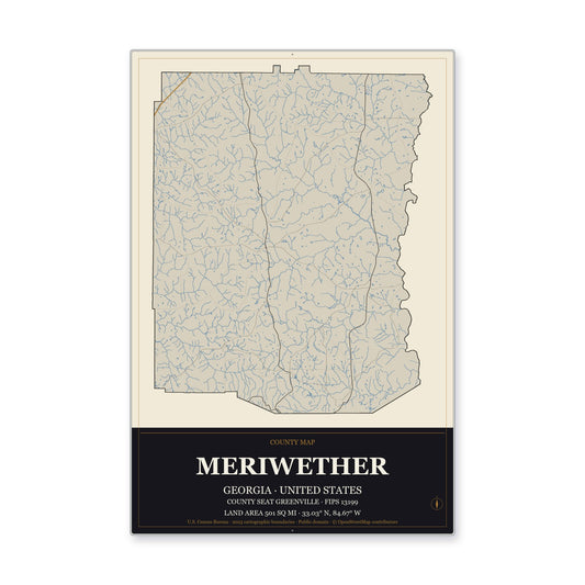 Meriwether County, Georgia Map Aluminum Sign in Museum Plaque style