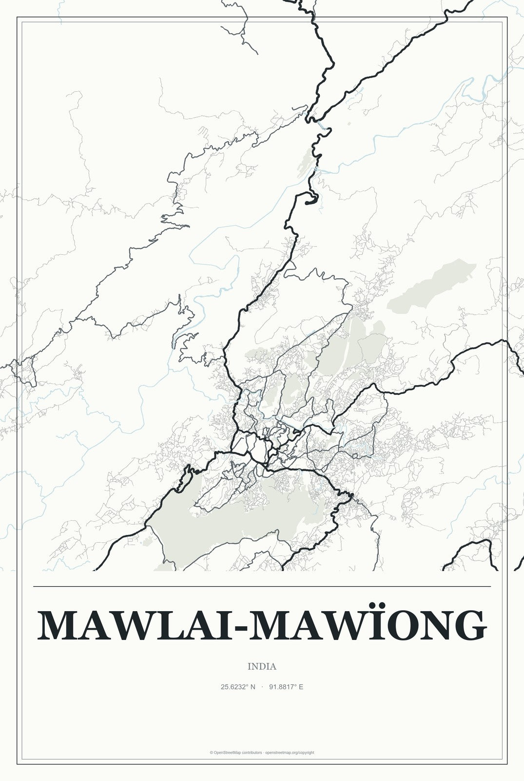 Mawlai-Mawïong, India City Map Aluminum Sign in Gallery Air style