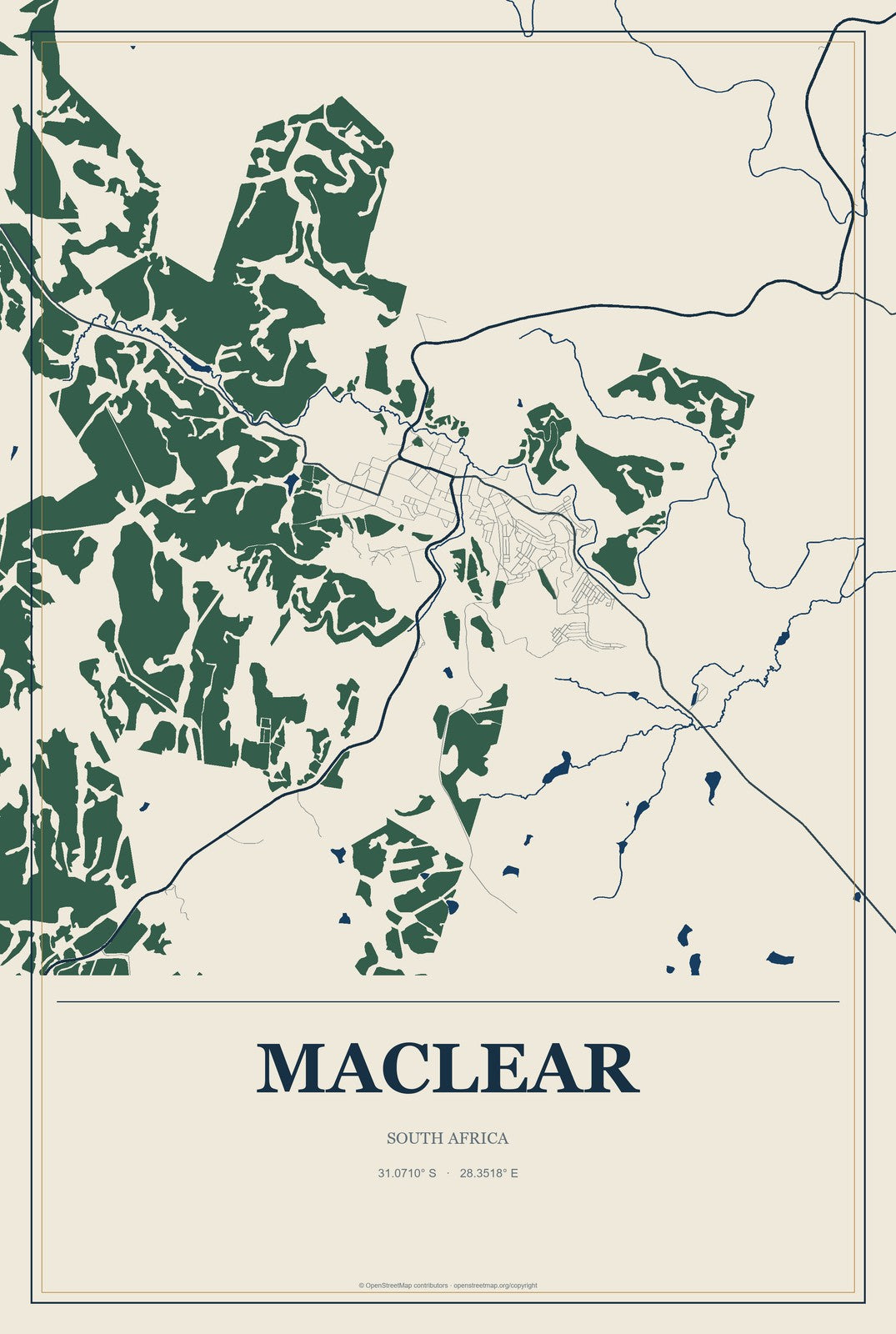 Maclear, South Africa City Map Aluminum Sign in Coastal Cutout style