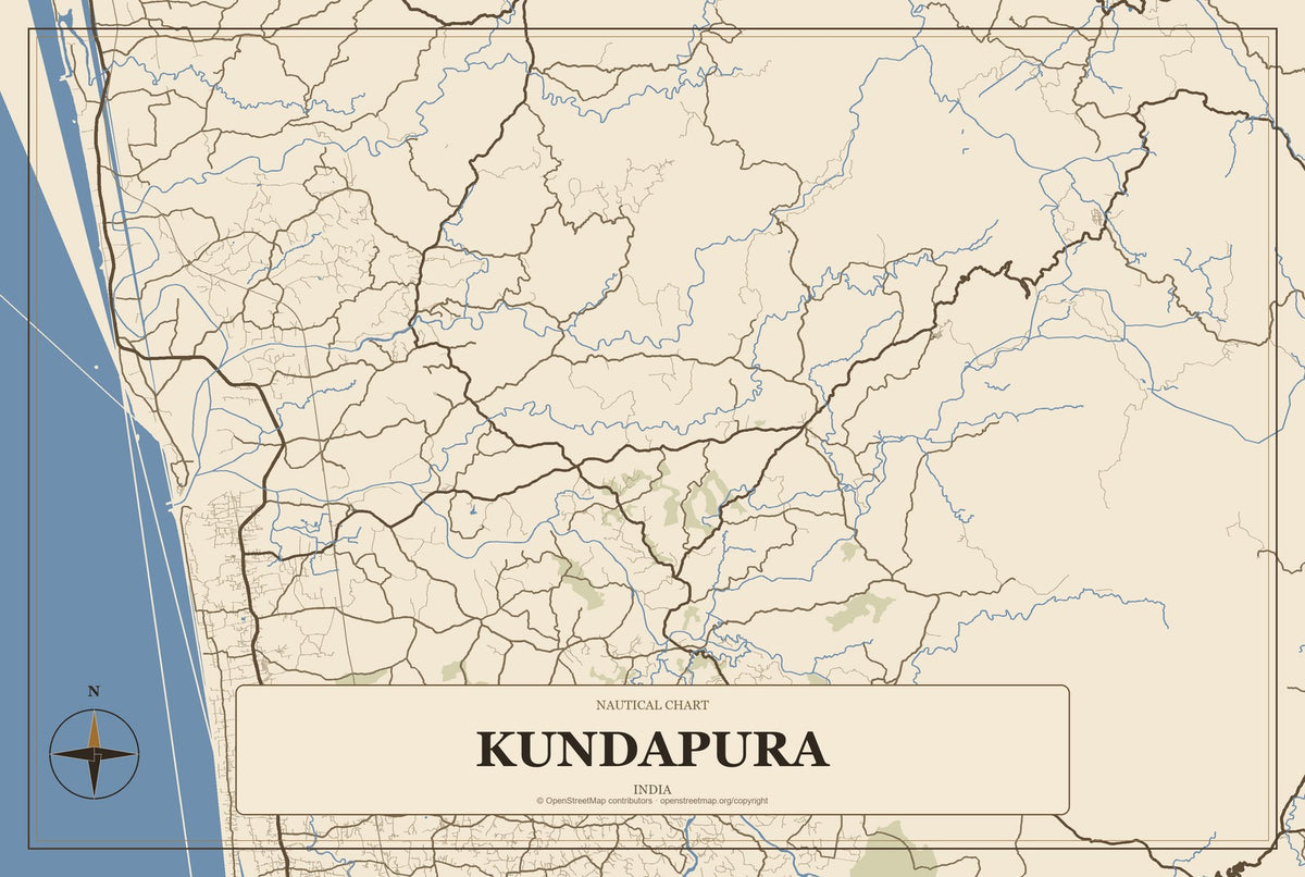 Kundapura, India City Map Aluminum Sign in Heritage Nautical style