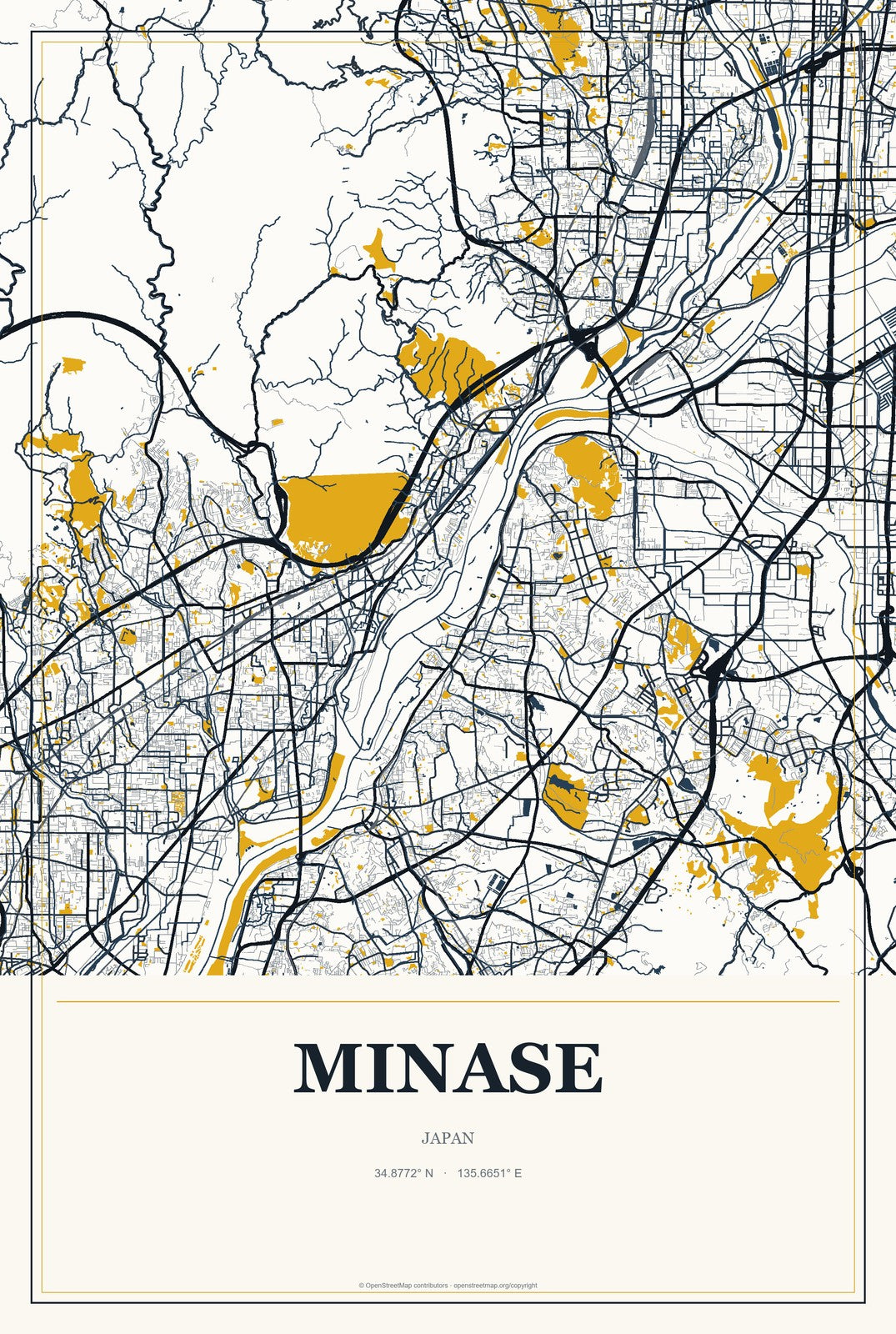 Minase, Japan City Map Aluminum Sign in Citrine Modern style