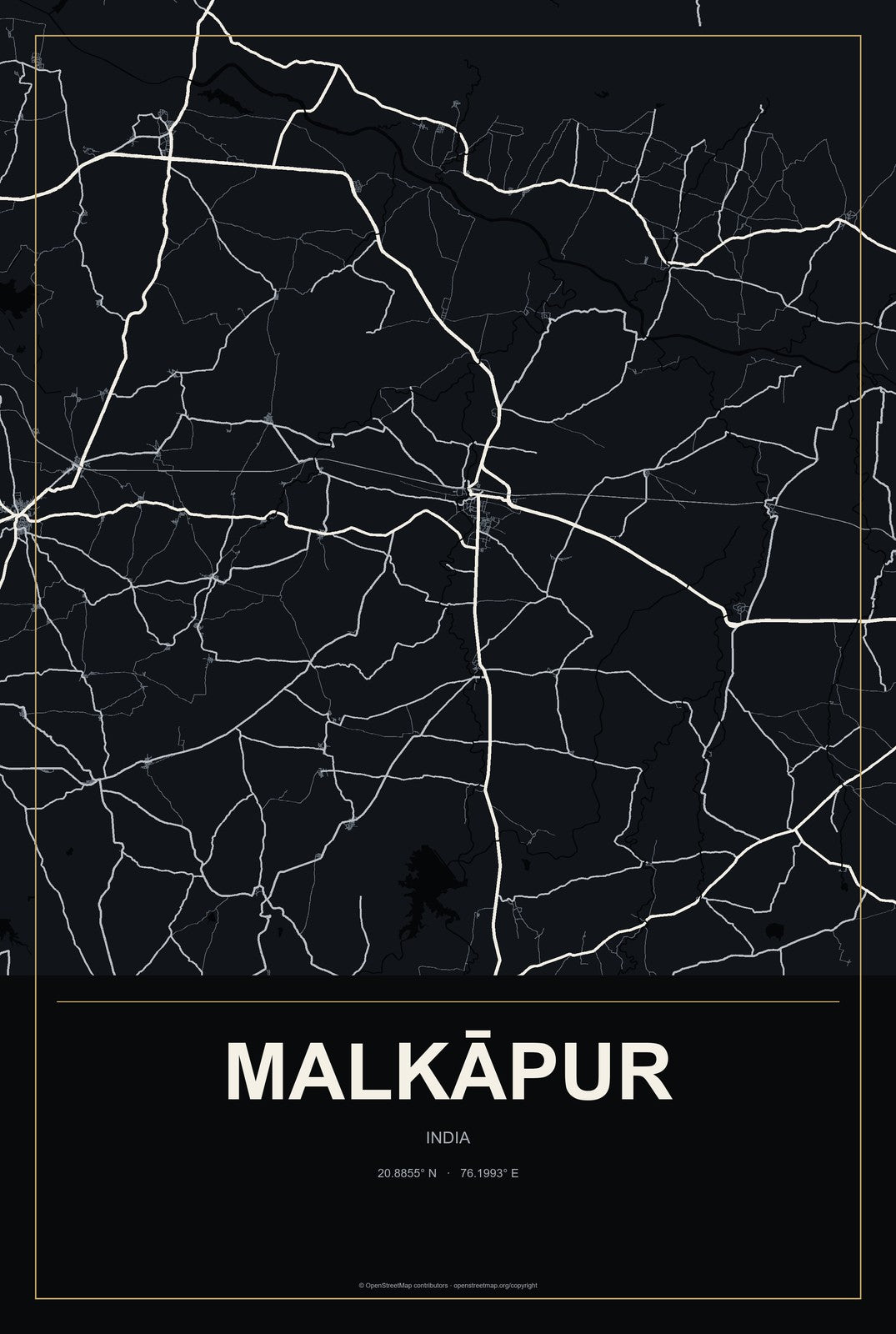 Malkāpur, India City Map Aluminum Sign in Metropolitan Noir style