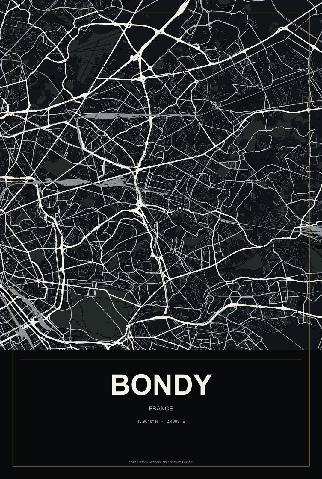 Bondy, France City Map Aluminum Sign in Metropolitan Noir style