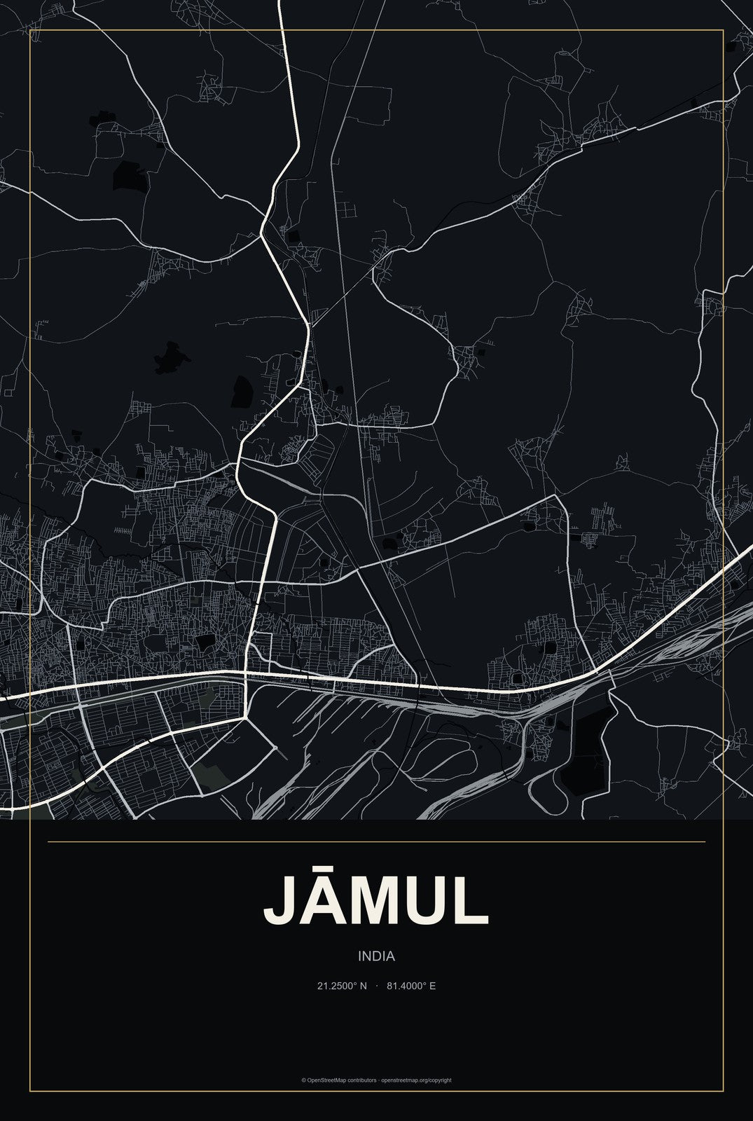 Jāmul, India City Map Aluminum Sign in Metropolitan Noir style