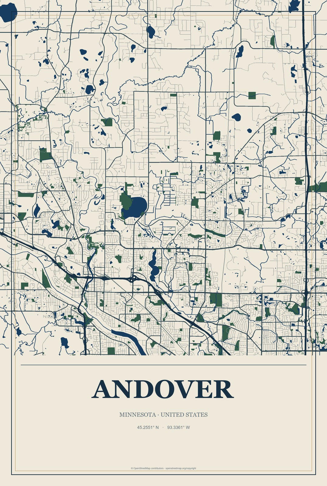 Andover, Minnesota City Map Aluminum Sign in Coastal Cutout style