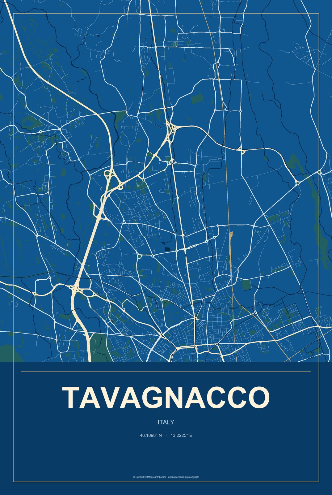 Tavagnacco, Italy City Map Aluminum Sign in Harbor Cobalt style