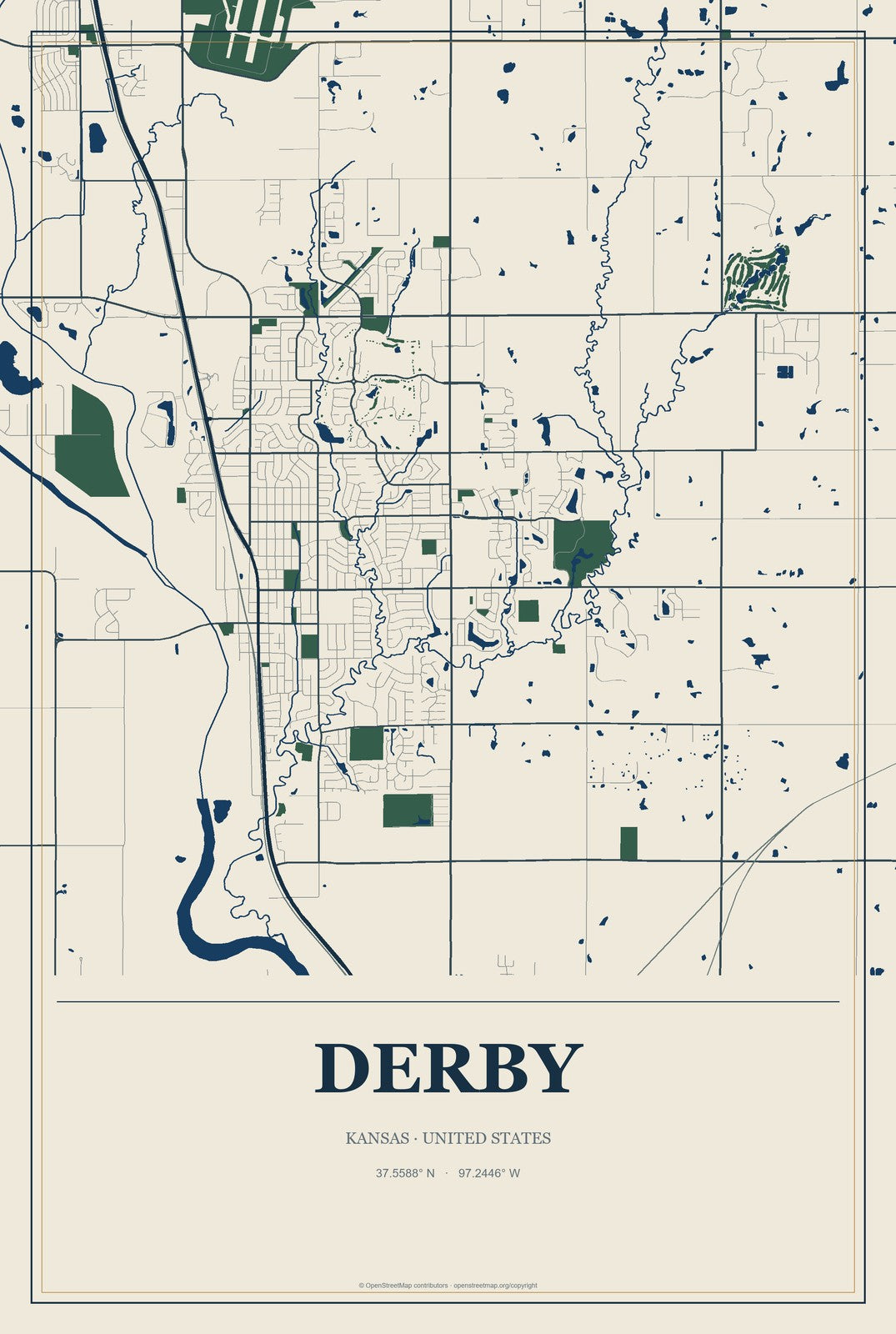 Derby, Kansas City Map Aluminum Sign in Coastal Cutout style