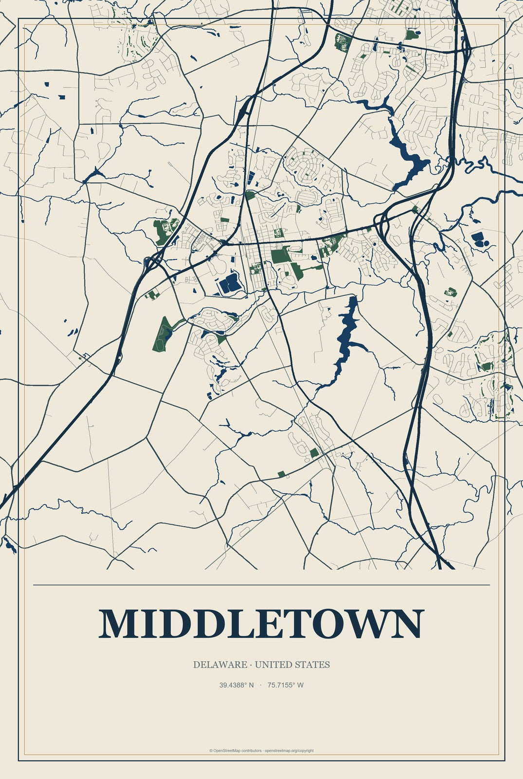 Middletown, Delaware City Map Aluminum Sign in Coastal Cutout style