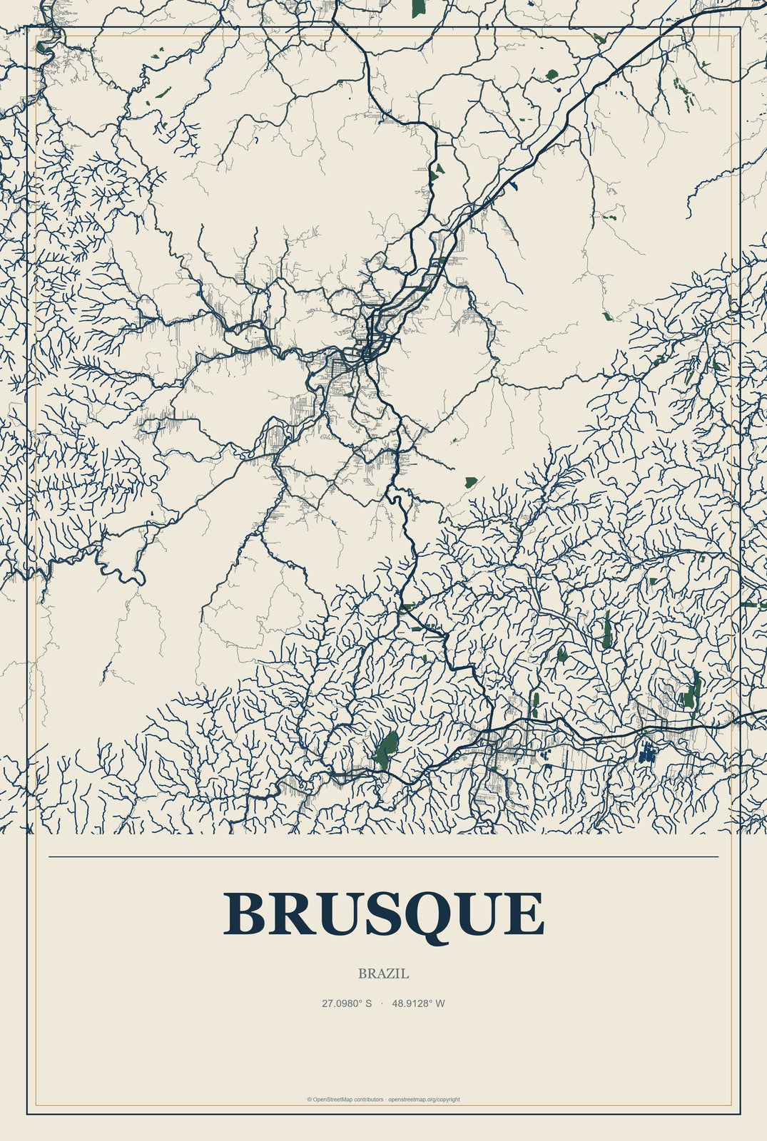 Brusque, Brazil City Map Aluminum Sign in Coastal Cutout style