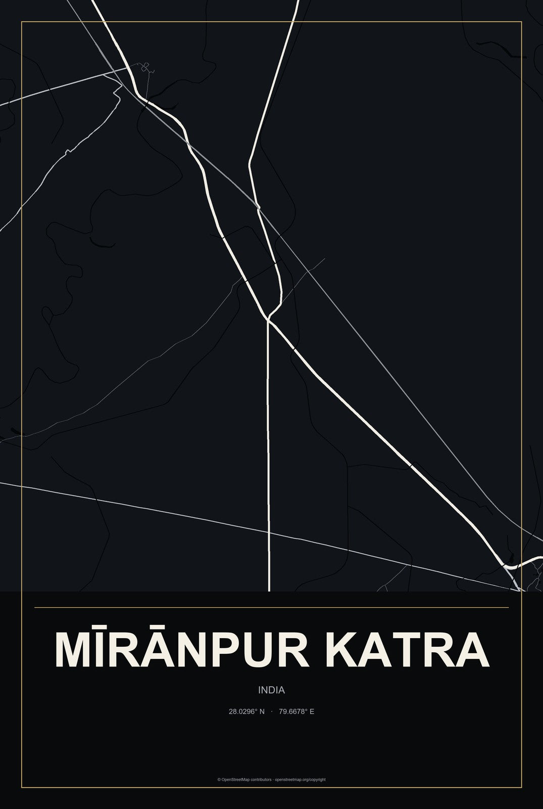 Mīrānpur Katra, India City Map Aluminum Sign in Metropolitan Noir style
