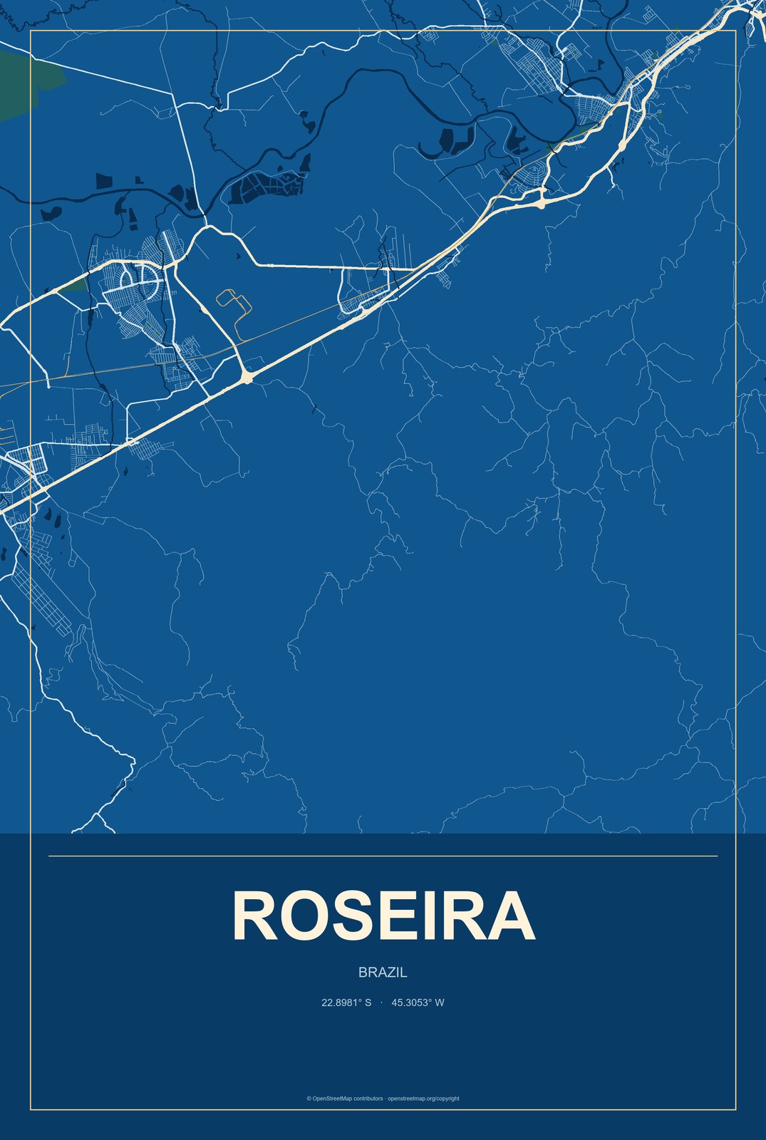 Roseira, Brazil City Map Aluminum Sign in Harbor Cobalt style