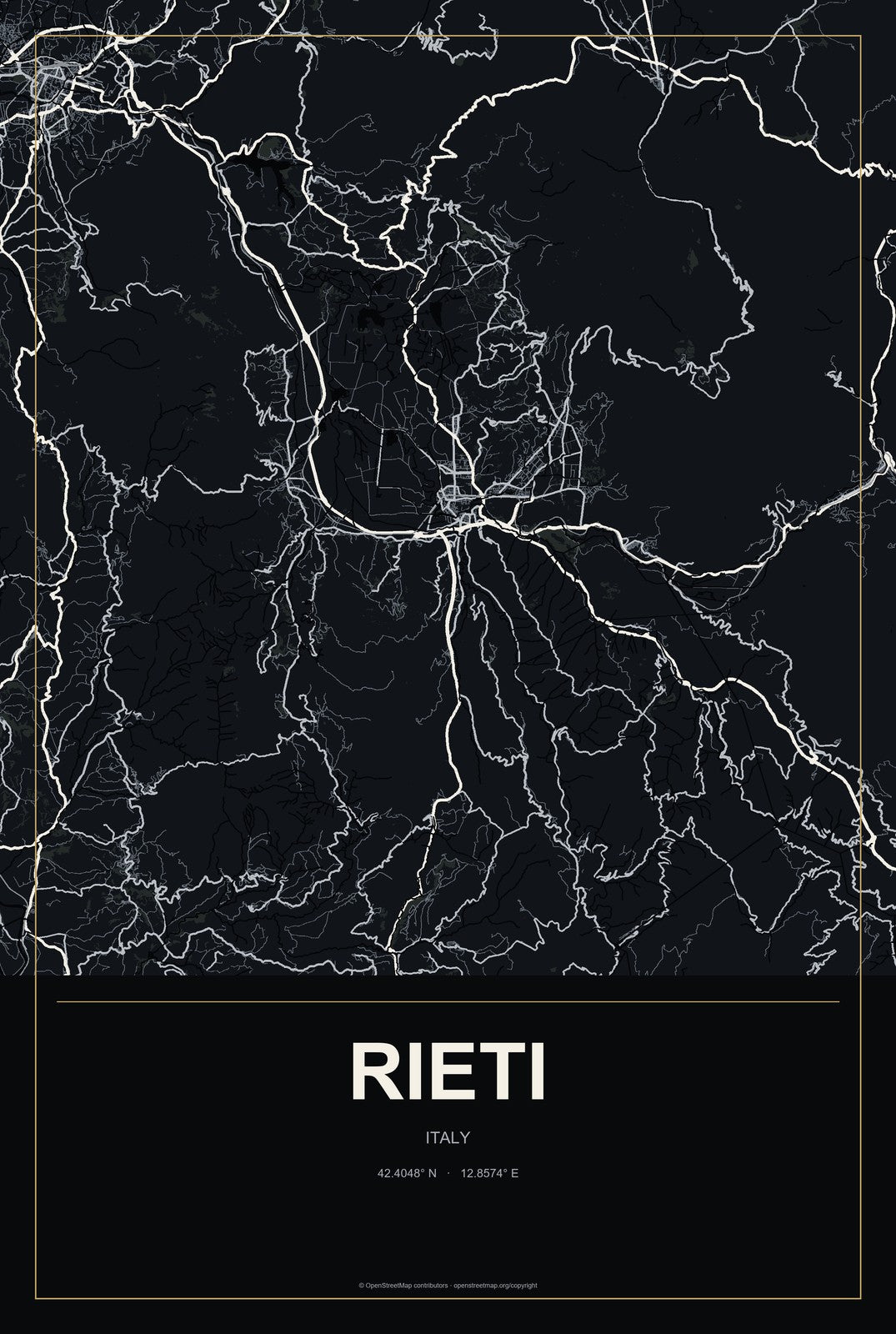 Rieti, Italy City Map Aluminum Sign in Metropolitan Noir style