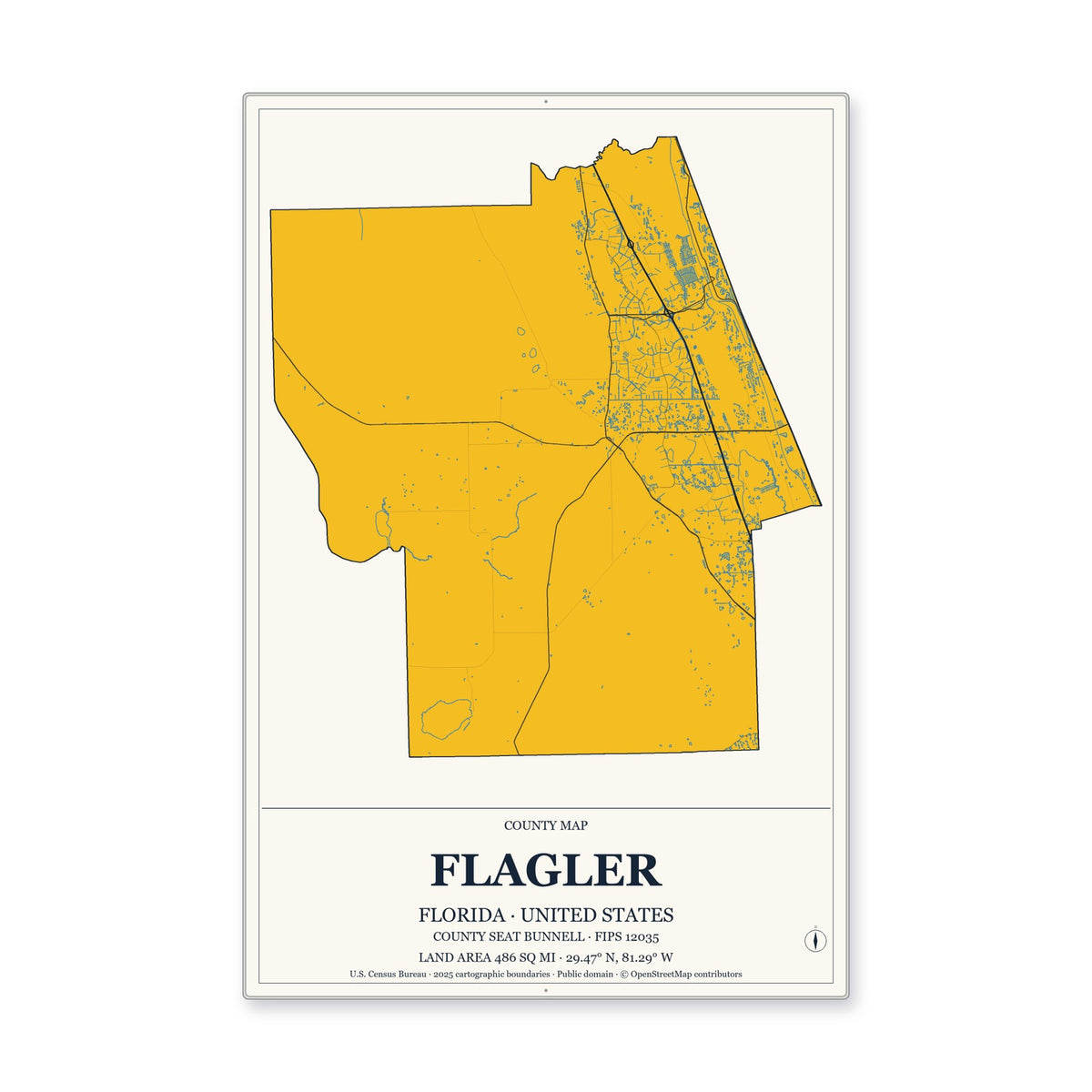 Flagler County, Florida Map Aluminum Sign in Citrine Modern style