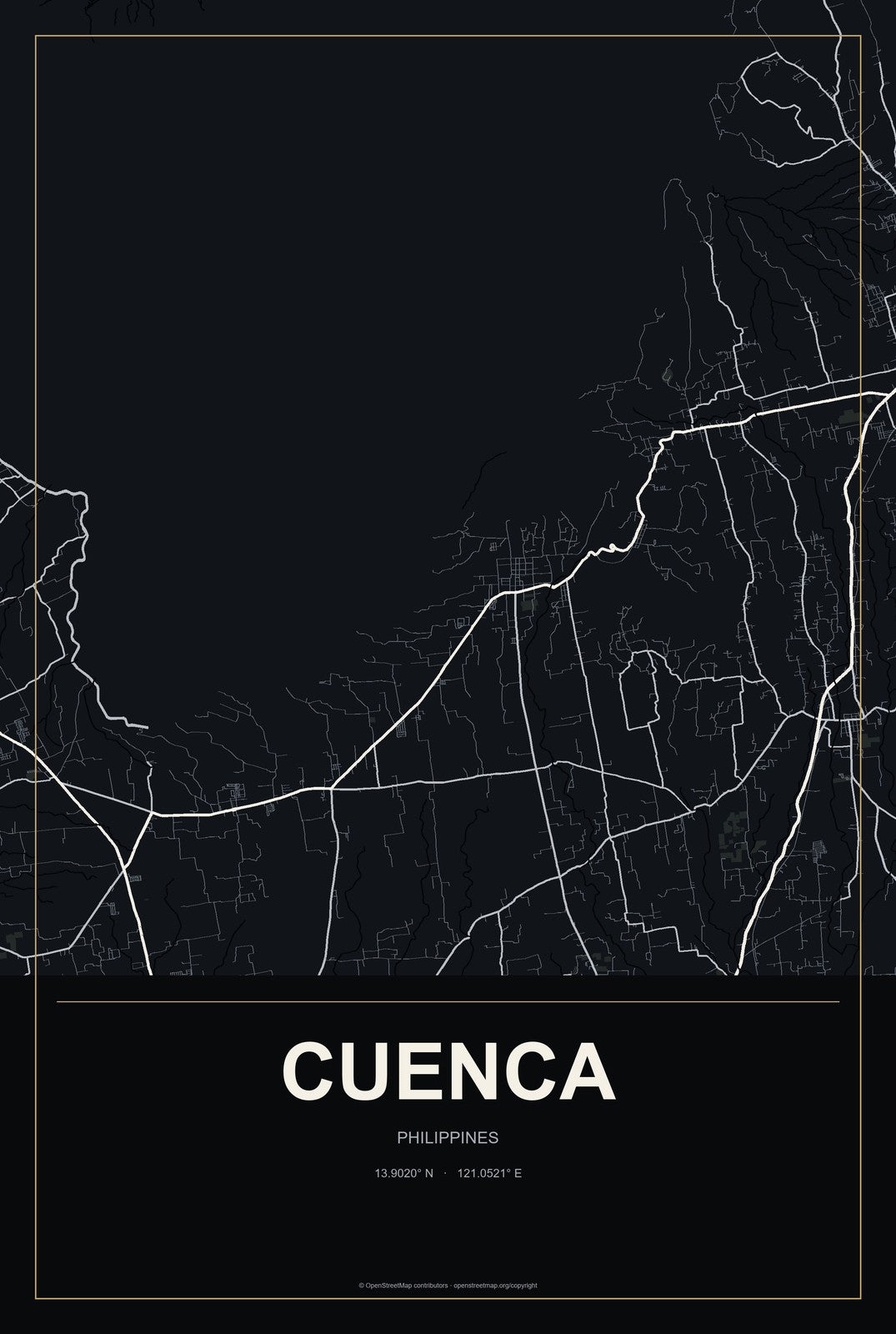 Cuenca, Philippines City Map Aluminum Sign in Metropolitan Noir style