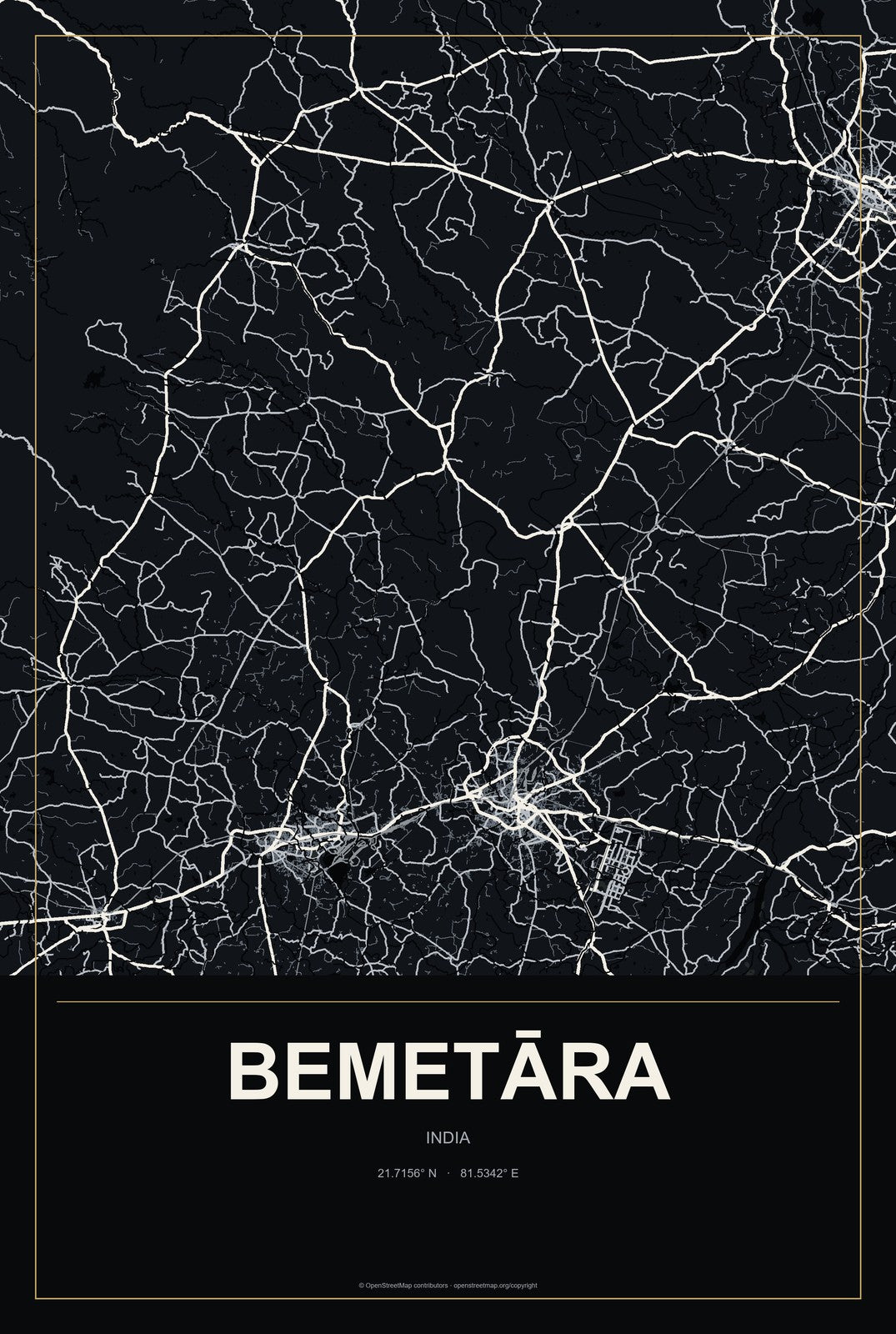 Bemetāra, India City Map Aluminum Sign in Metropolitan Noir style