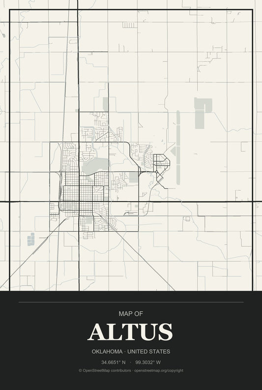 Altus, Oklahoma City Map Aluminum Sign in Museum Plaque style
