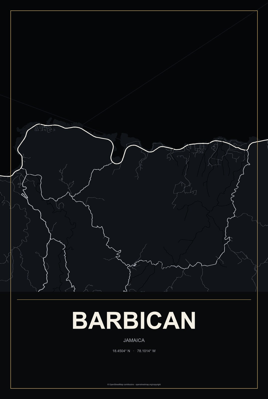Barbican, Jamaica City Map Aluminum Sign in Metropolitan Noir style