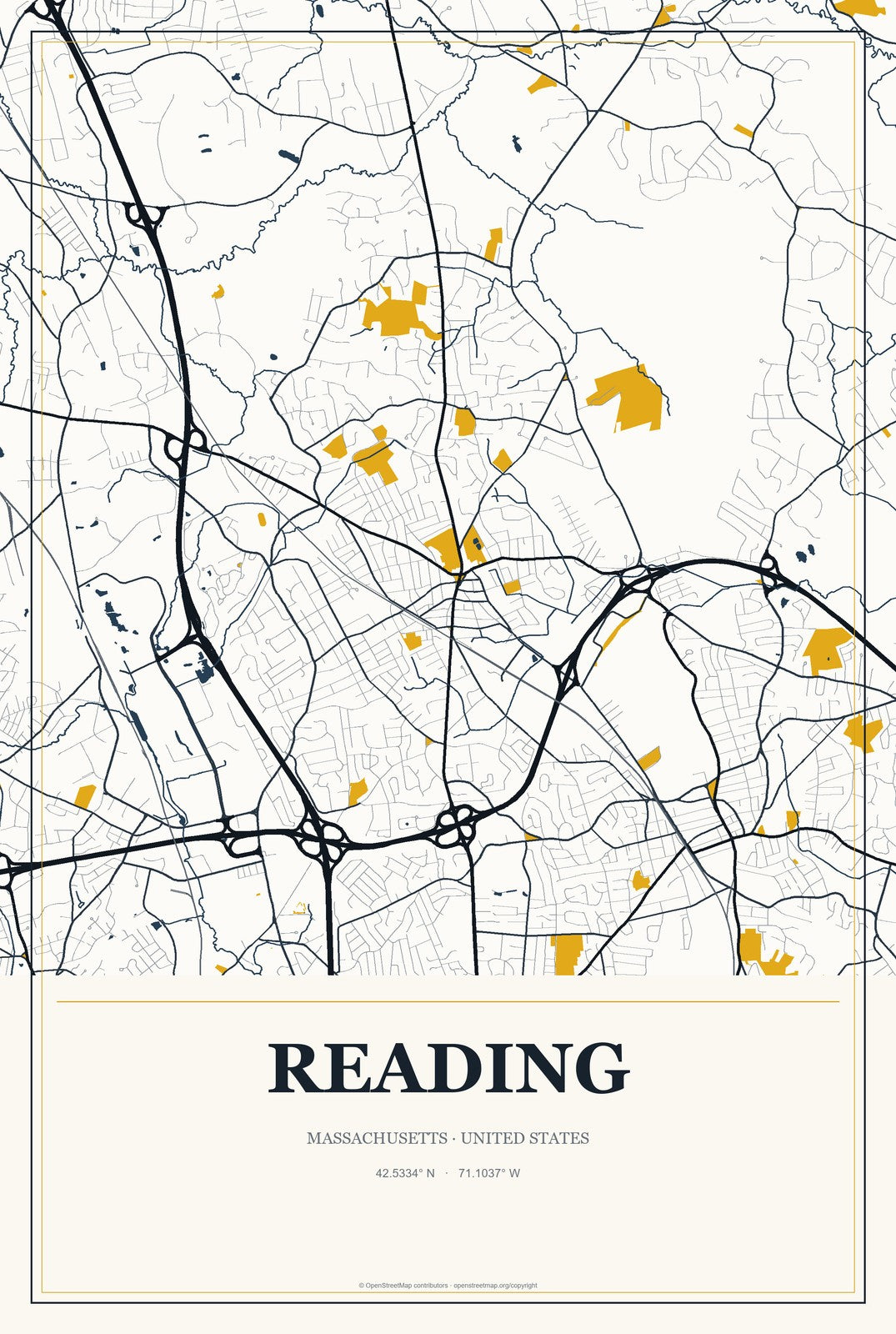 Reading, Massachusetts City Map Aluminum Sign in Citrine Modern style