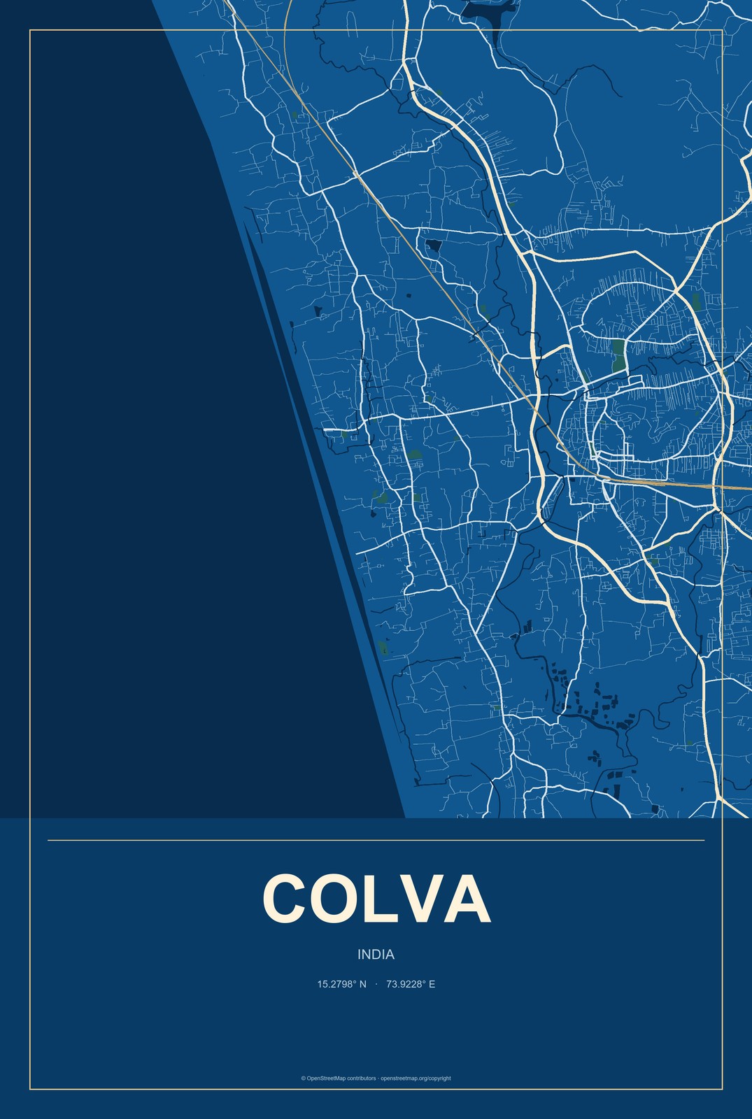 Colva, India City Map Aluminum Sign in Harbor Cobalt style