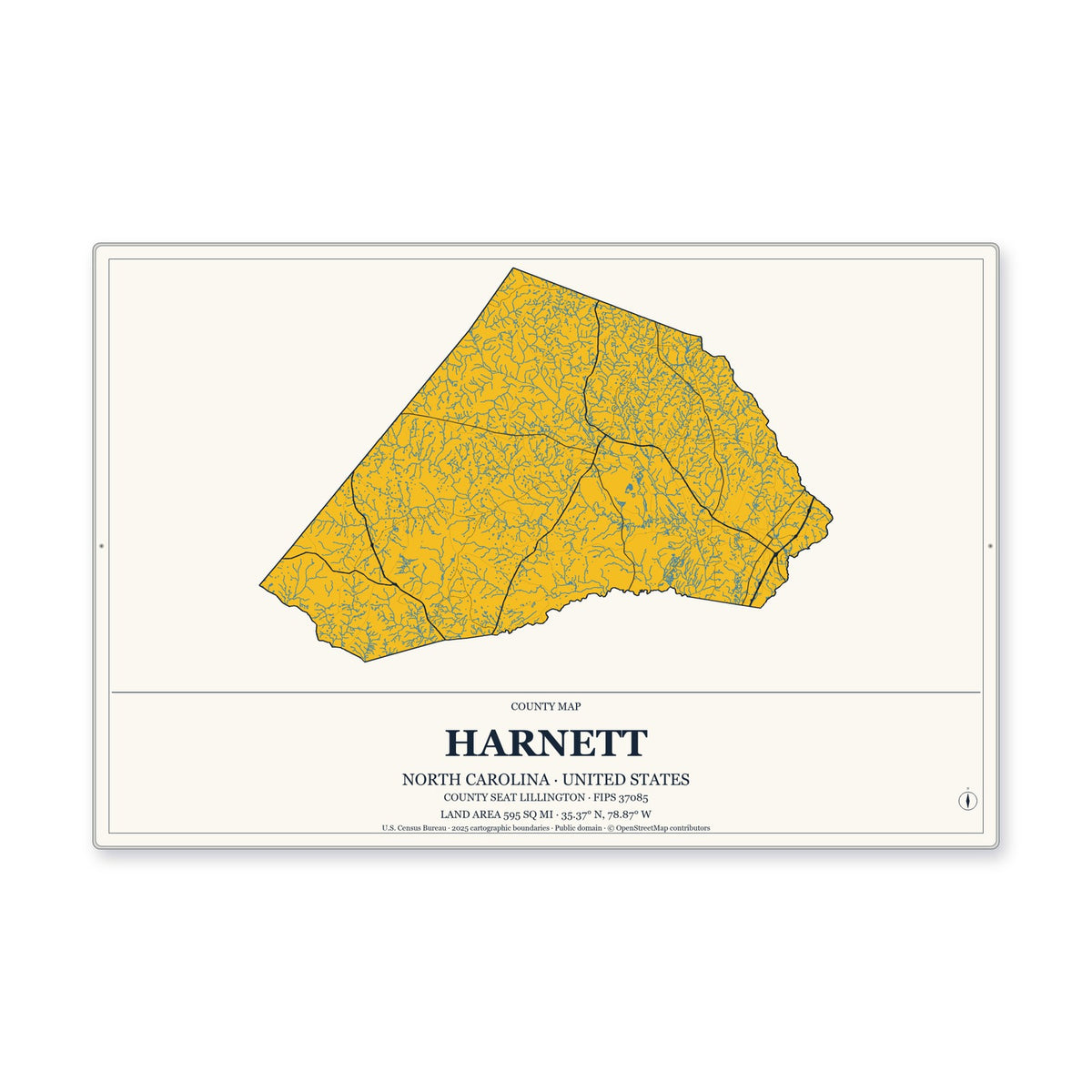 Harnett County, North Carolina Map Aluminum Sign in Citrine Modern style