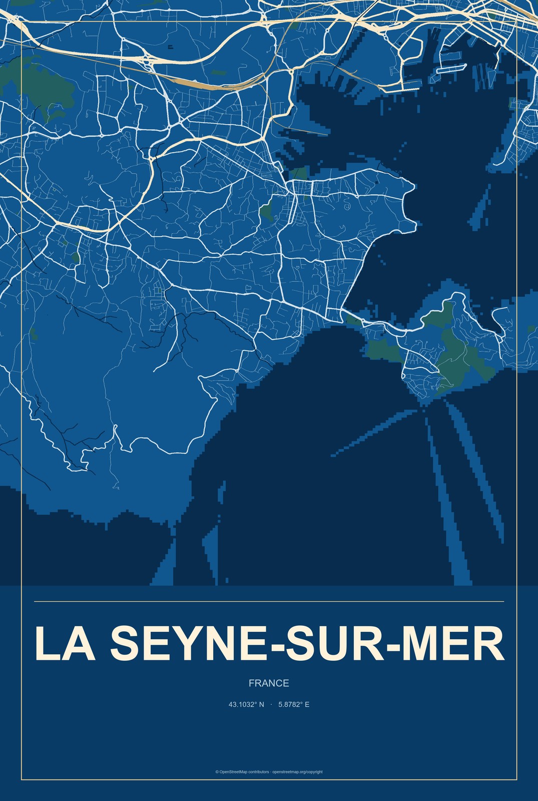 La Seyne-sur-Mer, France City Map Aluminum Sign in Harbor Cobalt style