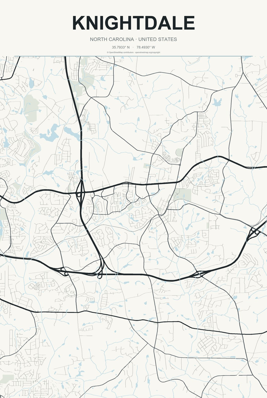 Knightdale, North Carolina City Map Aluminum Sign in Headline Atlas style