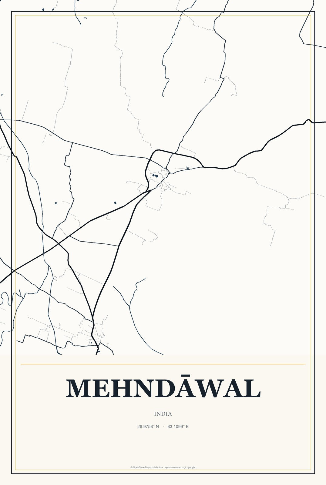 Mehndāwal, India City Map Aluminum Sign in Citrine Modern style