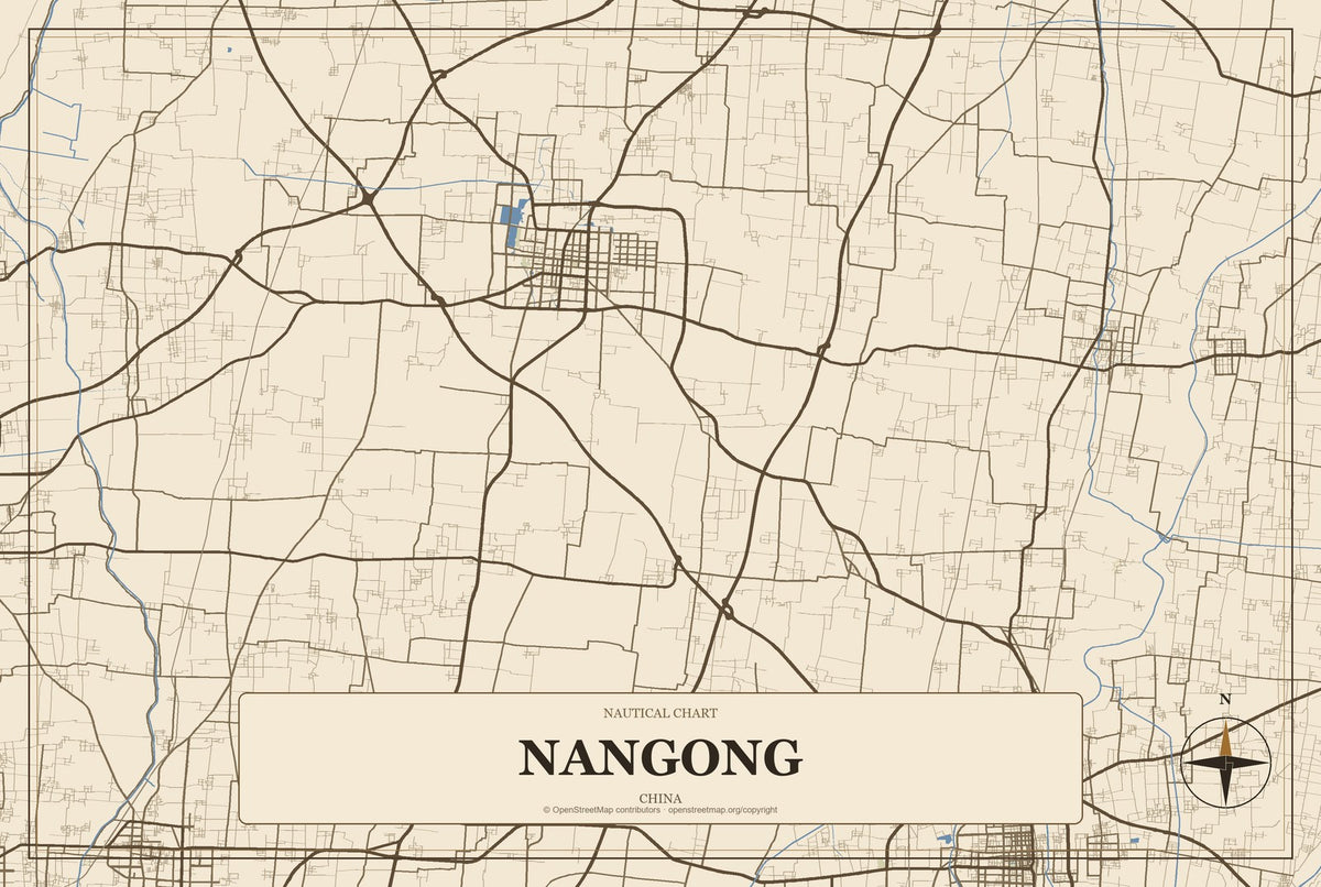 Nangong, China City Map Aluminum Sign in Heritage Nautical style