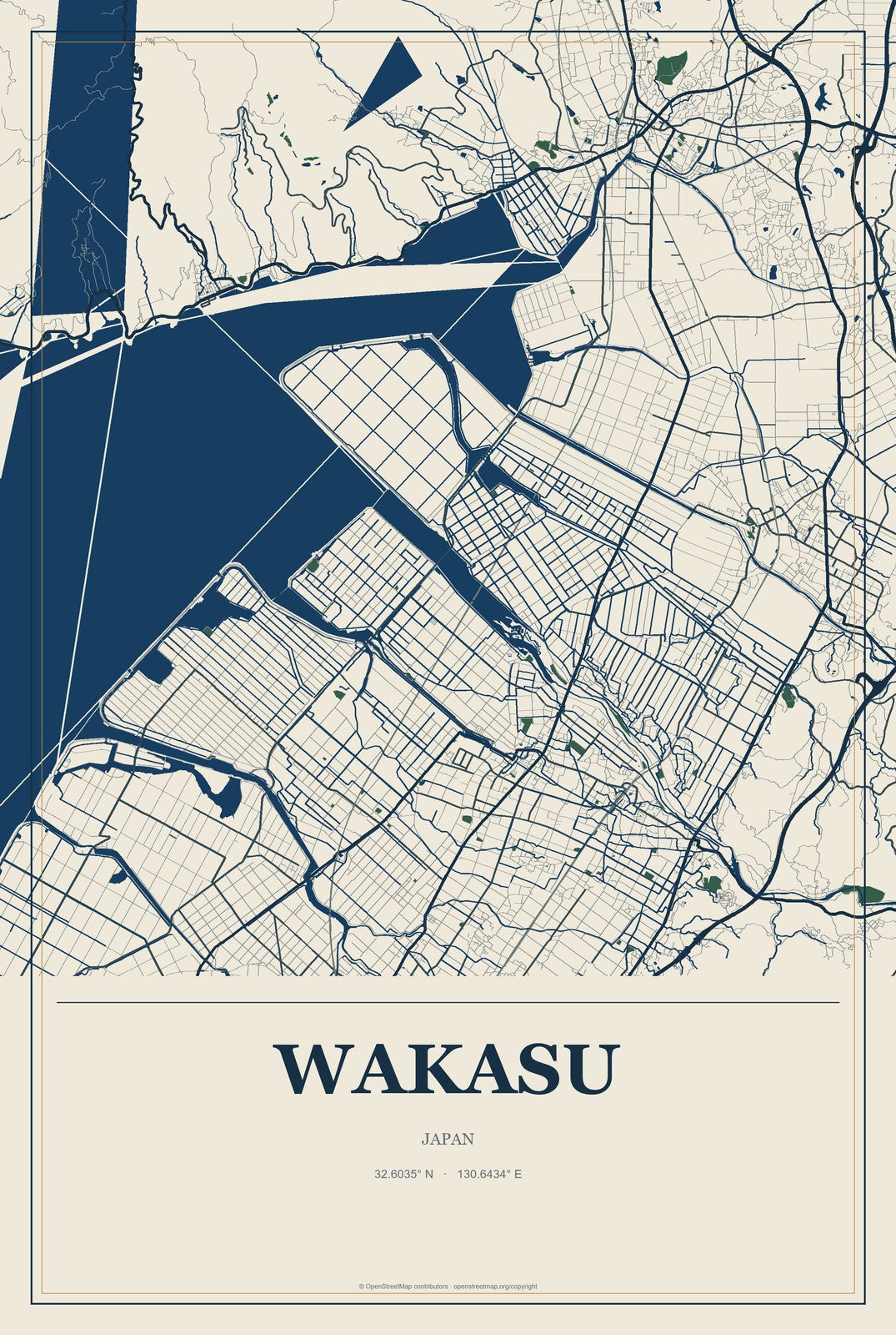 Wakasu, Japan City Map Aluminum Sign in Coastal Cutout style