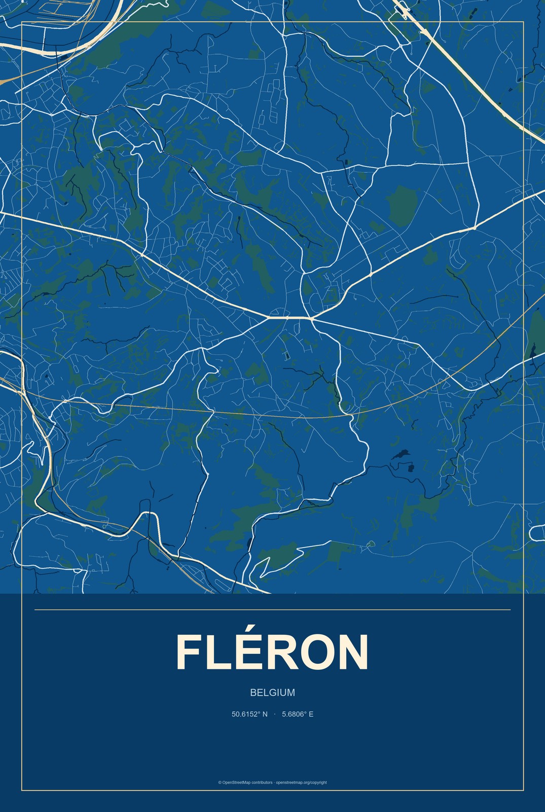 Fléron, Belgium City Map Aluminum Sign in Harbor Cobalt style