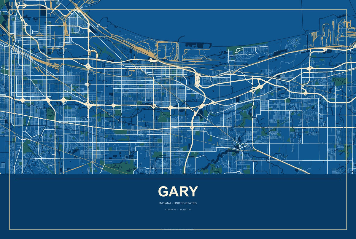 Gary, Indiana City Map Aluminum Sign in Harbor Cobalt style